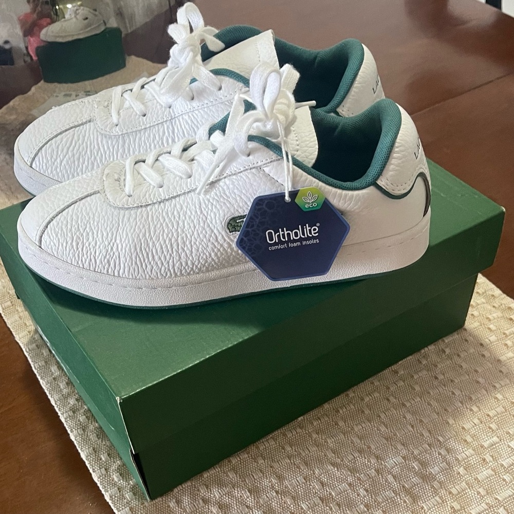 Lacoste Kids White Leather Sneakers with Green Trim